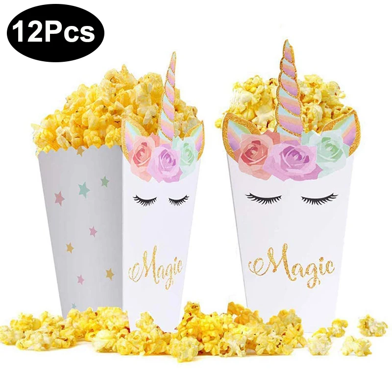 12Pcs Unicorn Party Popcorn Boxes Snack Treat Box Candy Cookie Container For Baby Shower Unicorn Theme Party Favors Decorations