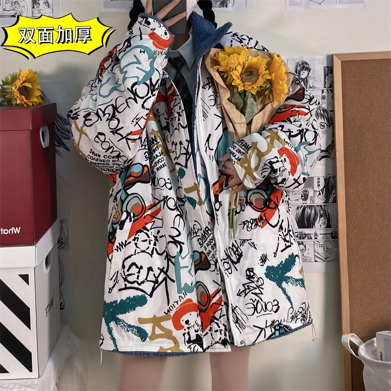 Anime Print Reversible Fleece Jacket for Couples Winter Korean Fashion Trends Clothing Teenage Plus Size Padded Coats Streetwear
