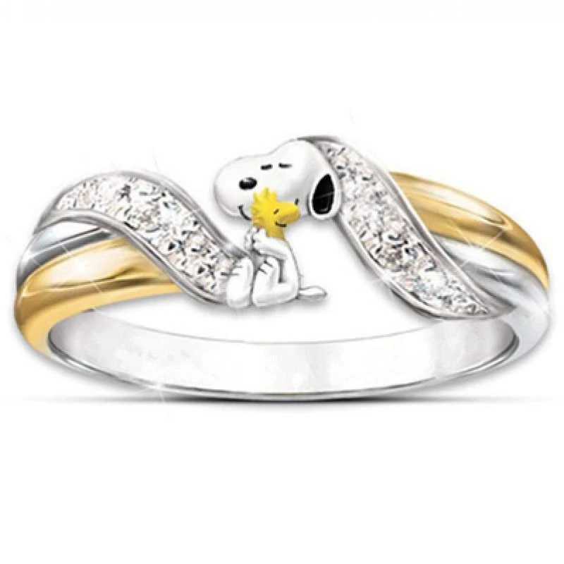 

Hot Selling New European and American Cartoon Cartoon Dog Gold Plated Two-Color Ring Female Lovers Ring