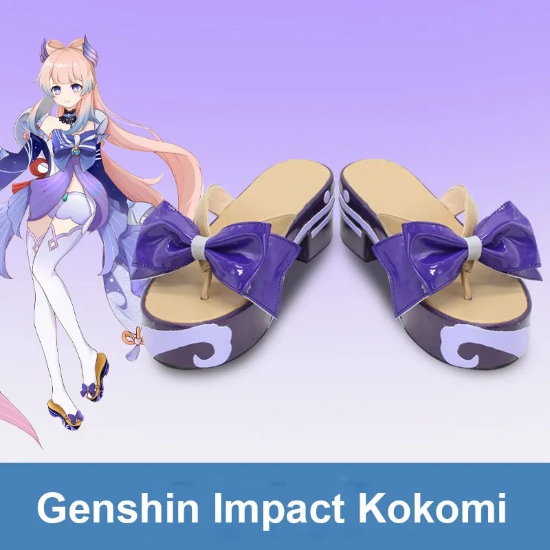 

Женские туфли для косплея Genshin Impact Sangonomiya Kokomi, обувь для женщин, деревянные Сабо, обувь на высоких каблуках с бантом, реквизит для вечеринки на Хэллоуин, парики, головной убор
