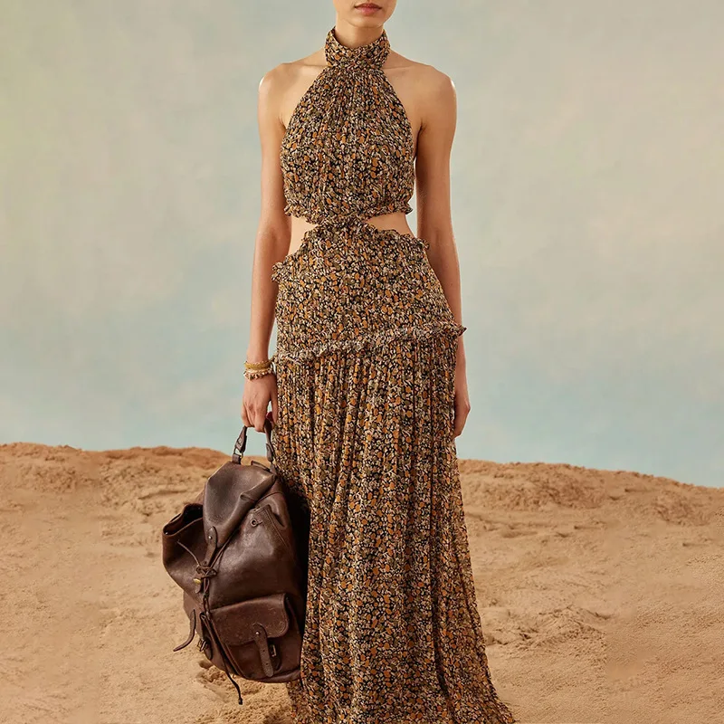 

Women Sexy Halter Floral Print Hollow Out Waist Backless Maxi Long Pleated Rayon Dress