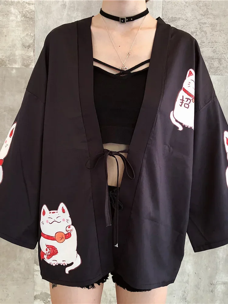 Woherb 2024 летняя милая блузка-кимоно с принтом мультяшного кота Блузы большого