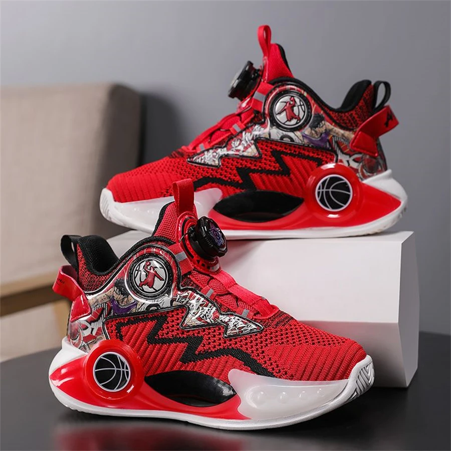 2023 New Boys' Basketball Shoes Kid's Mesh Breathable Sports Shoes Students Rotary Button Running Shoes Boys Basketball Sneakers