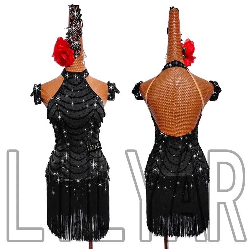 

Платье для латиноамериканских танцев, черное приталенное танцевальное платье с бахромой и бусинами