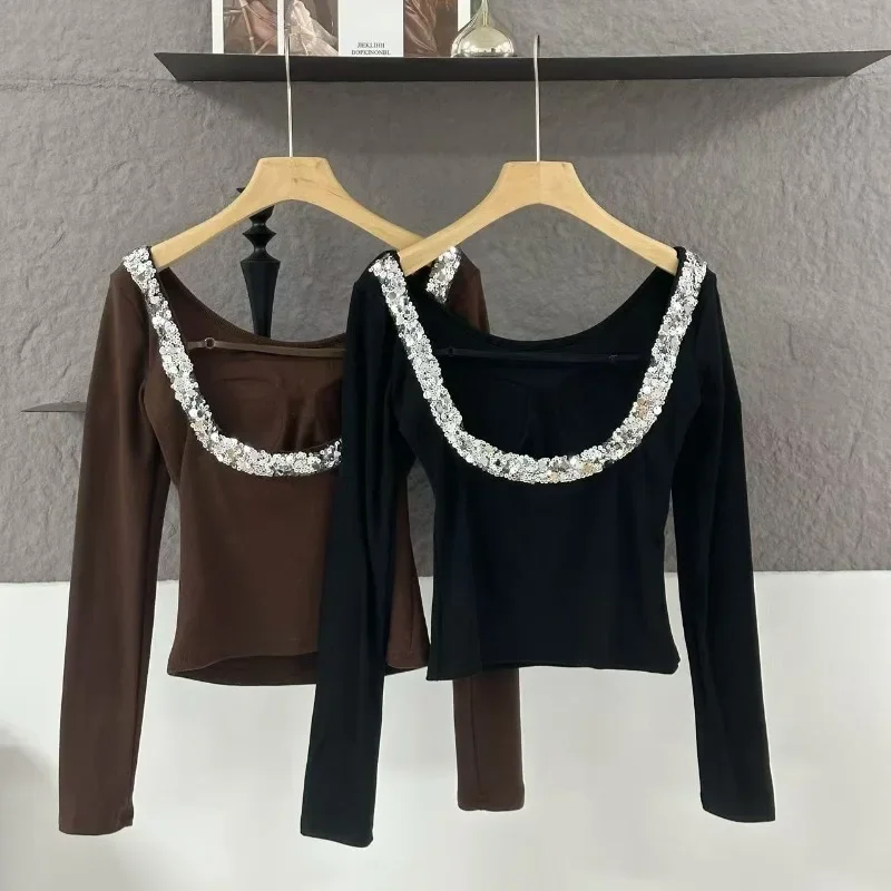 MiiiiX повседневная нижняя рубашка с блестками и открытой спиной U-образным вырезом