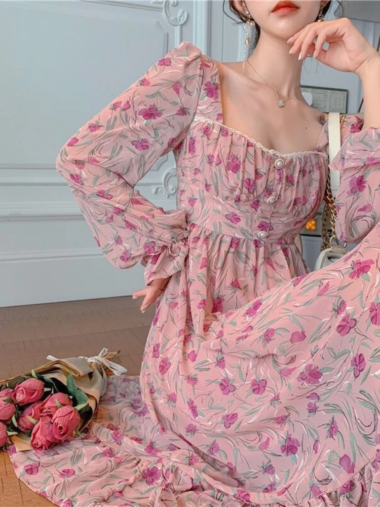 

TINT ERA 2022 Harajuku French Retro Square Neck Long Sleeve Waist Thin Pearl Button Rose Floral Dress Women Y2K