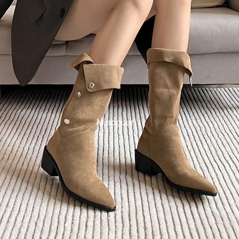 Женские зимние ковбойские сапоги до колена из искусственной замши