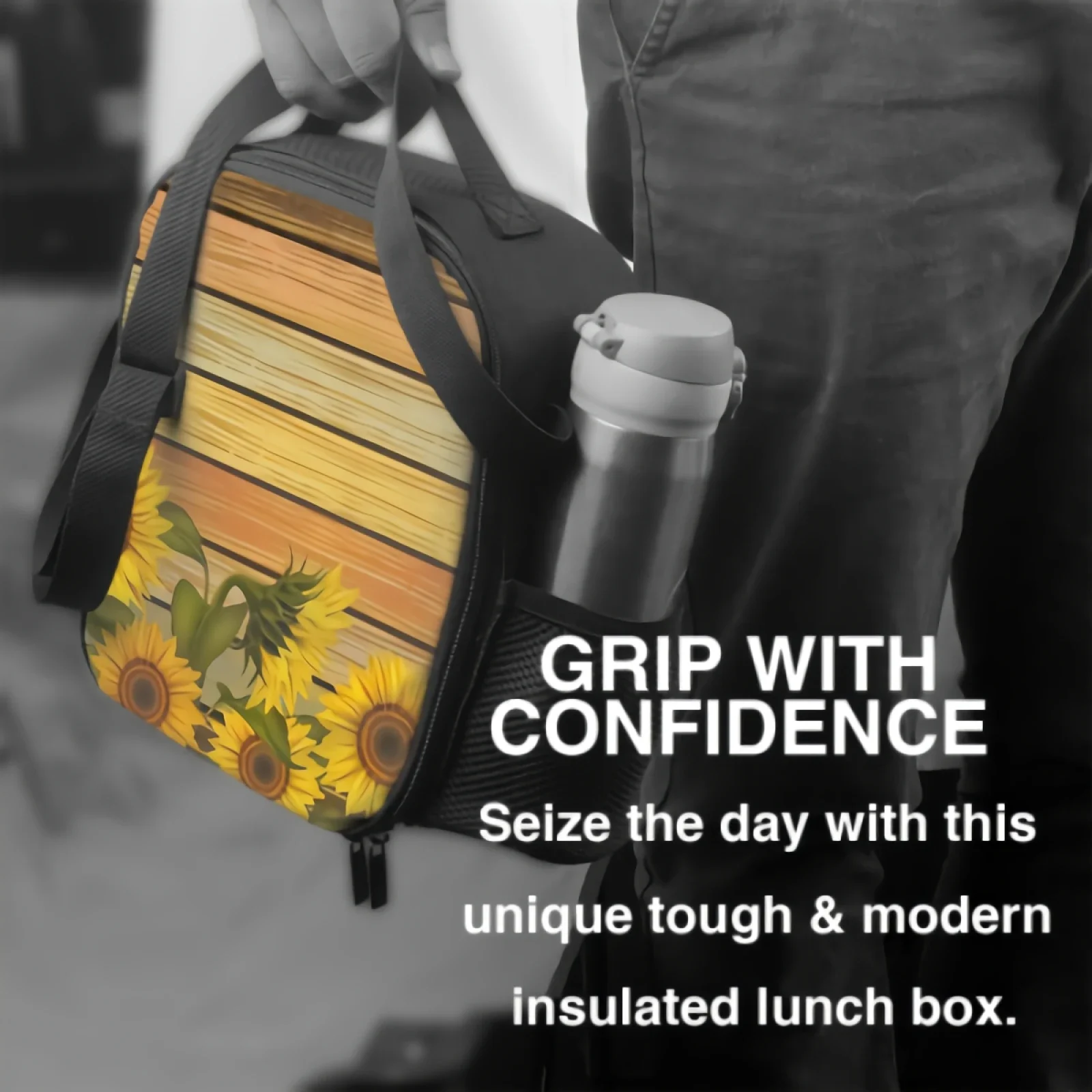 Подсолнухи и листья на античной деревянной доске изолированная сумка для ланча