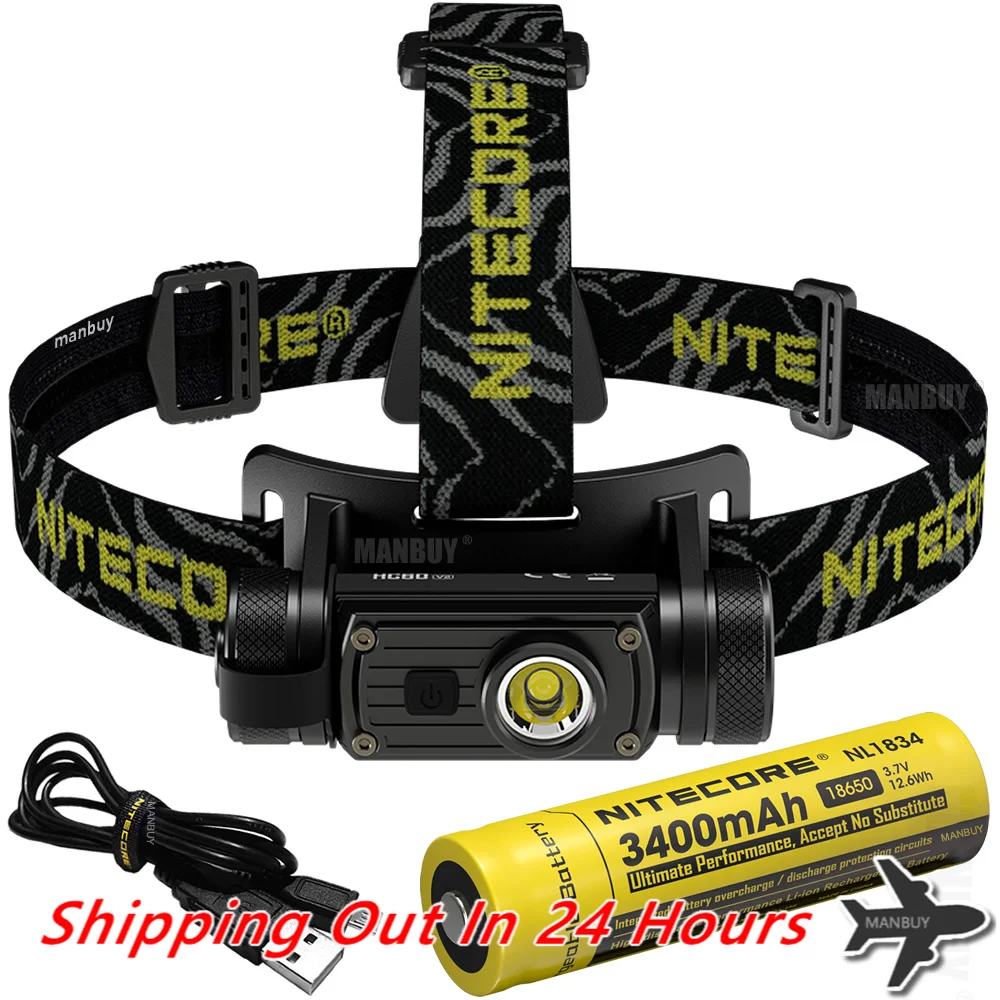 Original Nitecore HC60v2 HC60Wv2 1200LMs Rechargeable Headlamp 18650 Battery USB-C Charging Cable Outdoor Search Hunting Camping
