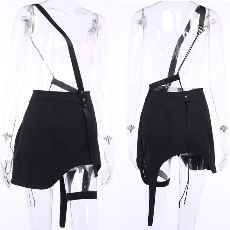 

MXMB Women Gothic Black Irregular One Strap Suspender Mini Skirt with Leg Ring Harajuku Asymmetrical Hem High Waist A-Line Party