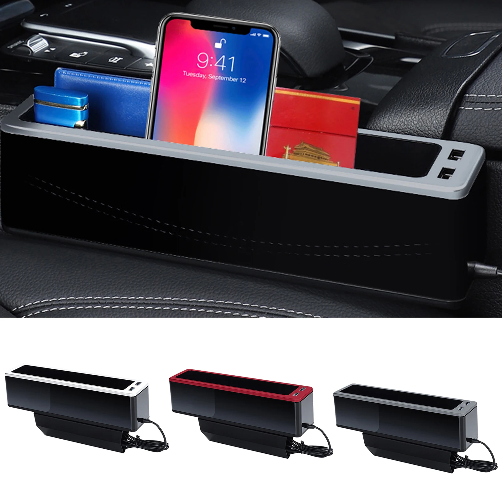 

Car Seats Gap Filler Organizer Console Side Pocket Storage Box Multifunctional Holder Seats Catcher Caddy with Double USB Ports