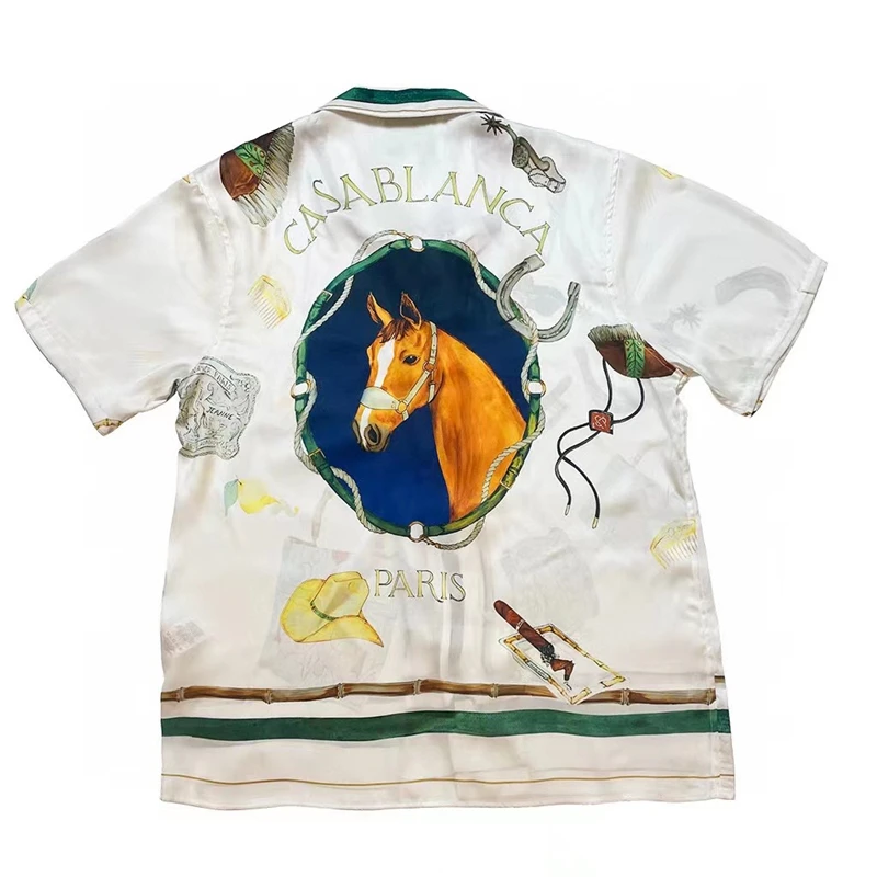 

2023ss Horse Casablanca Short Sleeve Shirt Men Women Hawaii Beach Silk Shirts