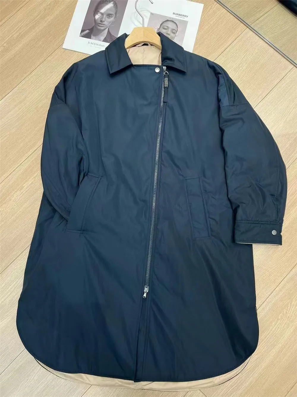 Женская ветровка с диагональными лацканами и бисером зимняя теплая свободная