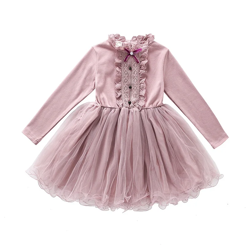 

Girls' Autumn Dress New Lace Princess Dress Long Sleeve Stand Up Collar Frocks for Children Lace Tulle Clothes for 4 To 12 Years