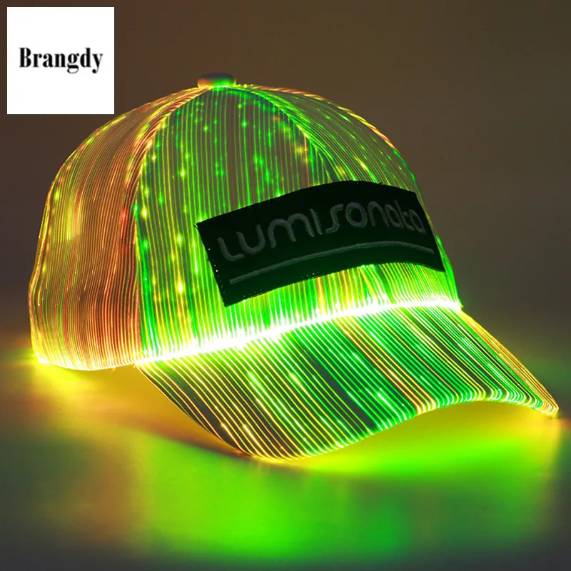 

2022 New Luminous Hat LED Luminous Peaked Cap Nightclub Disco Concert Fiber Optic Hat Luminous Support Baseball Cap