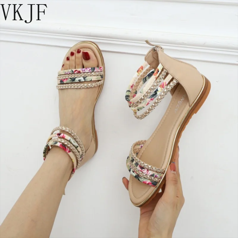 

Summer Women Flats Shoes Bohemian Roman Style Flat Back Zipper Splicing Printing Skirt Female Sandals Holiday Beach Sandalias