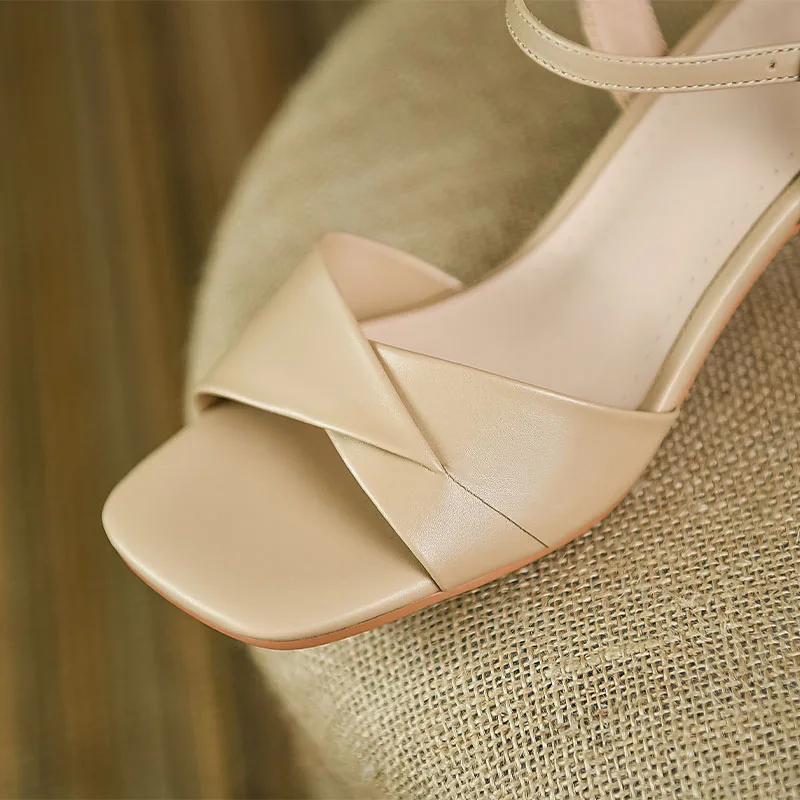 Women Sandals 2023 Summer Ladies Square Open Toe Thick Heels Sexy Apricot Beige Sandals