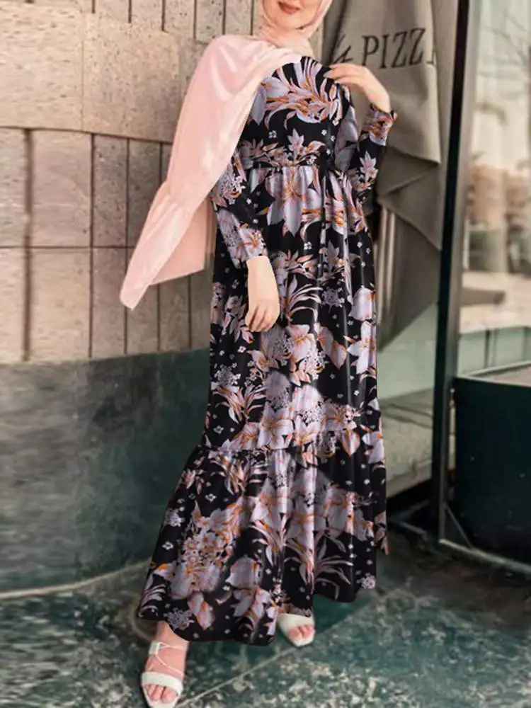 

ZANZEA Women's Summer Elegant Ruffle Sundress Vintage Abaya Hijab Dress Robe Femme Fashion Floral Print Long Sleeve Maxi Dress