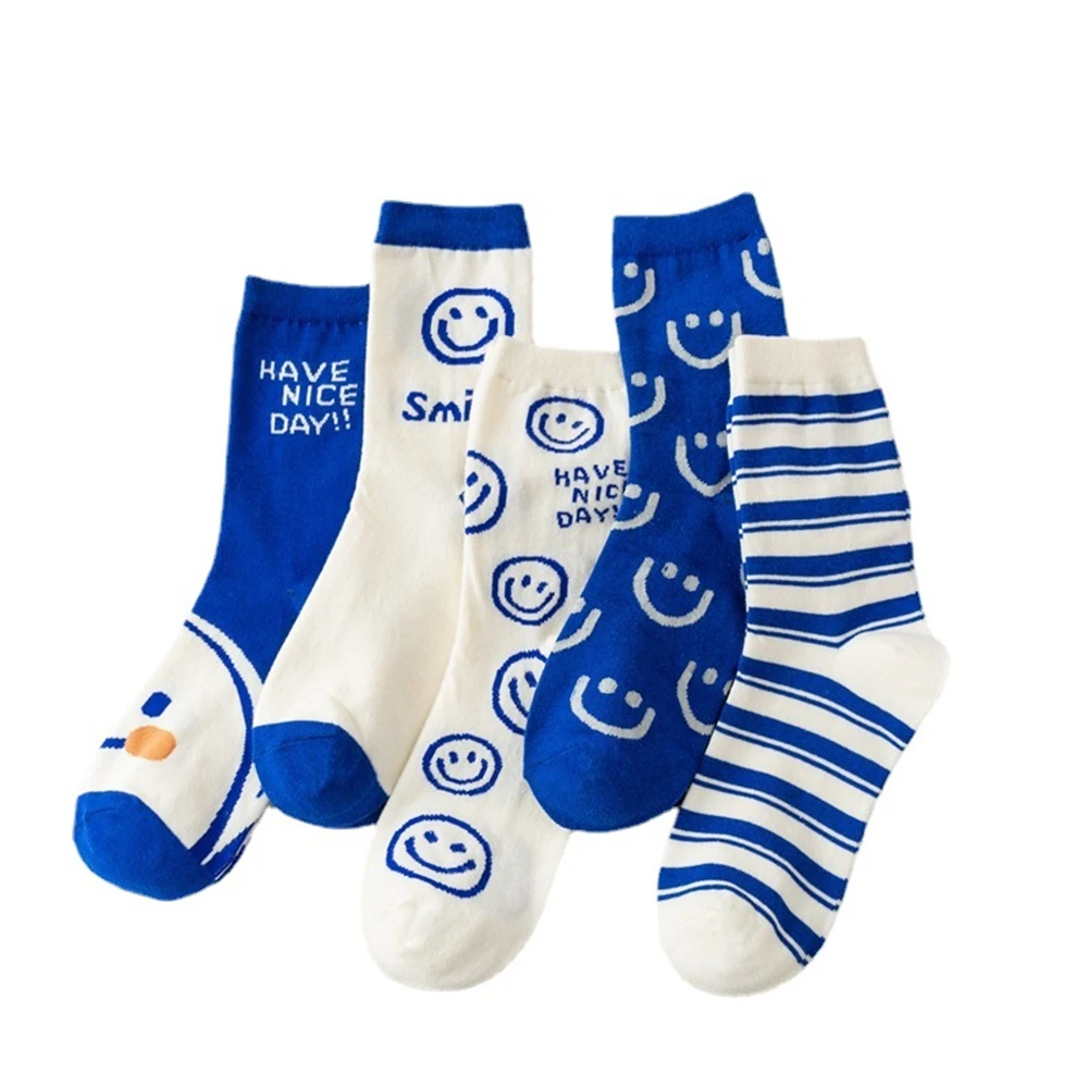 

Новые модные милые хлопковые носки для девочек с улыбкой голубого и белого цвета Повседневная Спортивная уличная одежда подарок Прямая поставка
