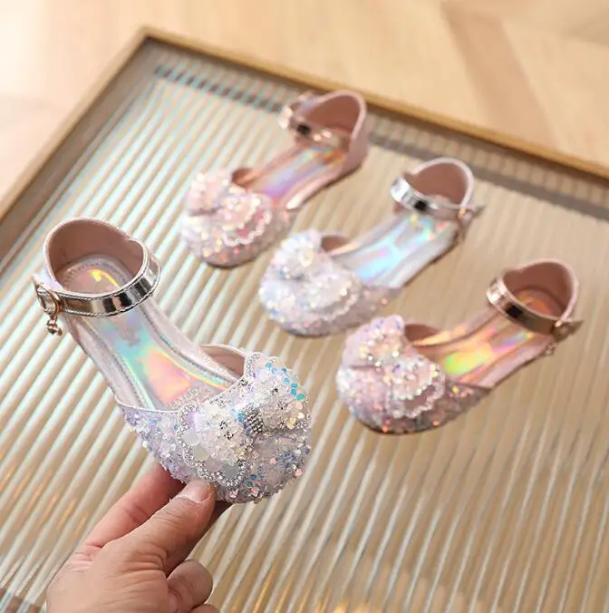 

Princess Kids Leather Shoes for Girls Flower Casual Glitter Children Flat Heel Girls Shoes Butterfly Knot Blue Pink Silver