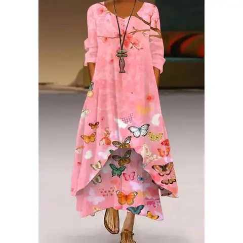 Butterfly Graphic 3d Printed Women's Dresses Vintage Robe Ankle Length Casual Dress Pocket Elegant Female Irregular Hem Clothing