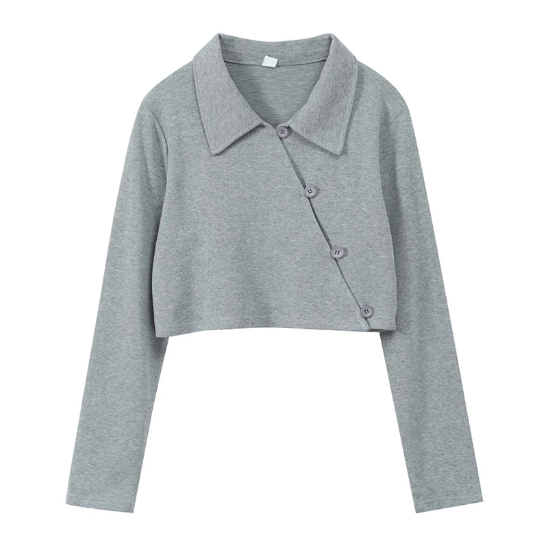

Spring 2021 Loose Long Sleeve Solid Cropped Cardigan Crop Tees Grey Black Streetwear New Casual Single Breasted T Shirt Female
