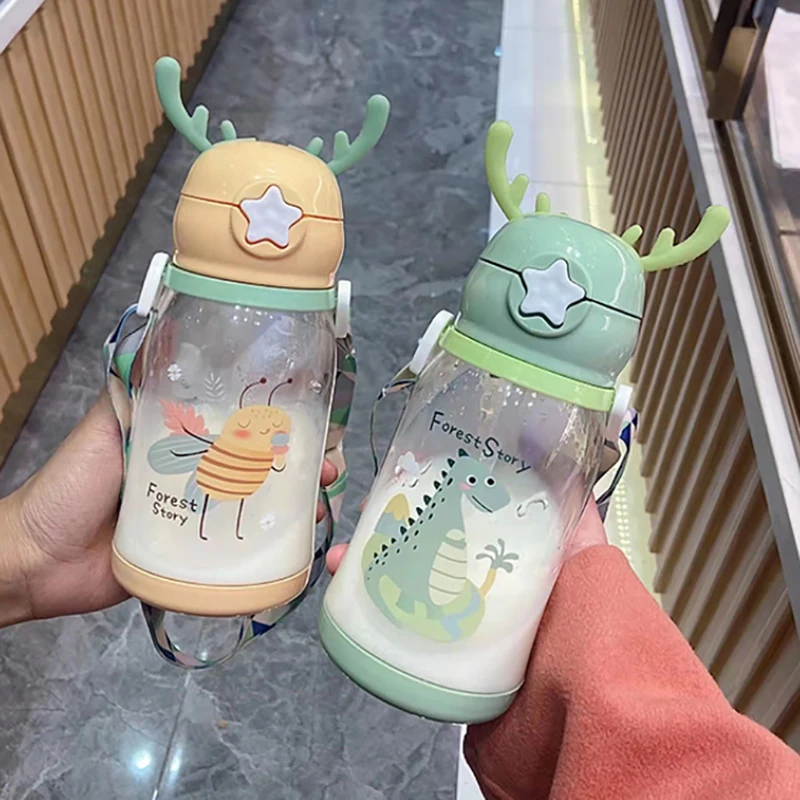 

600ml Cartoon Drinking Cup For Kids Plastic Kettle Children Water Bottle Summer Portable Outdoor Antler Straw Mug Tumbler