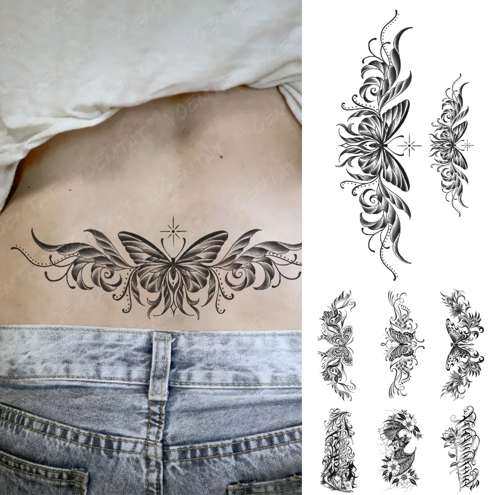 

Waterproof Temporary Tattoo Sticker Sexy Black Henna Butterfly Mandala Lotus Flash Tatoo Neck Women Men Body Art Fake Tattoos