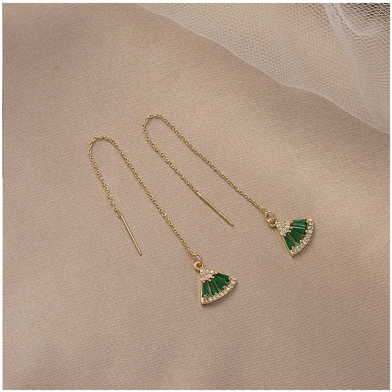 Emerald Fan-shaped Ear Line Female Palace Style Tassel Long Earrings Ear Hole Ancient Style Korean Personality Earrings
