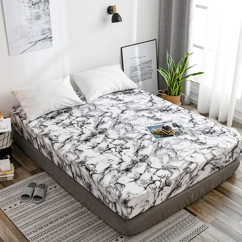 

Marble Bed Sheets,Black White Elastic Fitted Sheet,Mattress Protector Cover,Non Slip Bedspreads For Double Bed,Home Bedding