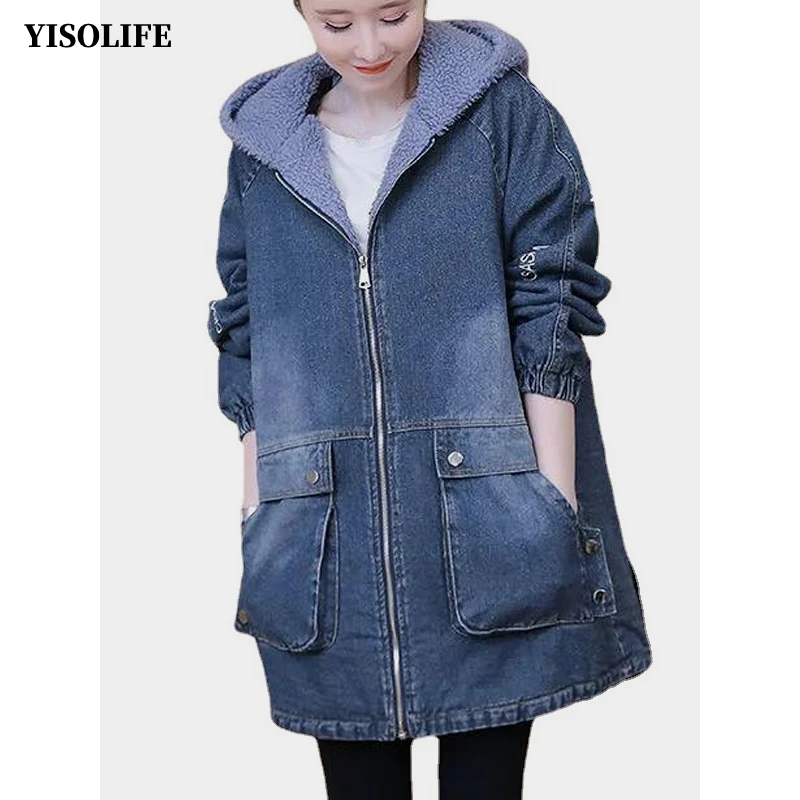 

YISOLIFE Winter Women's Winter Fleece Liner Jean Jackets Thickened Hooded Warm Denim Coats Loose Mid-length Denim Jacket
