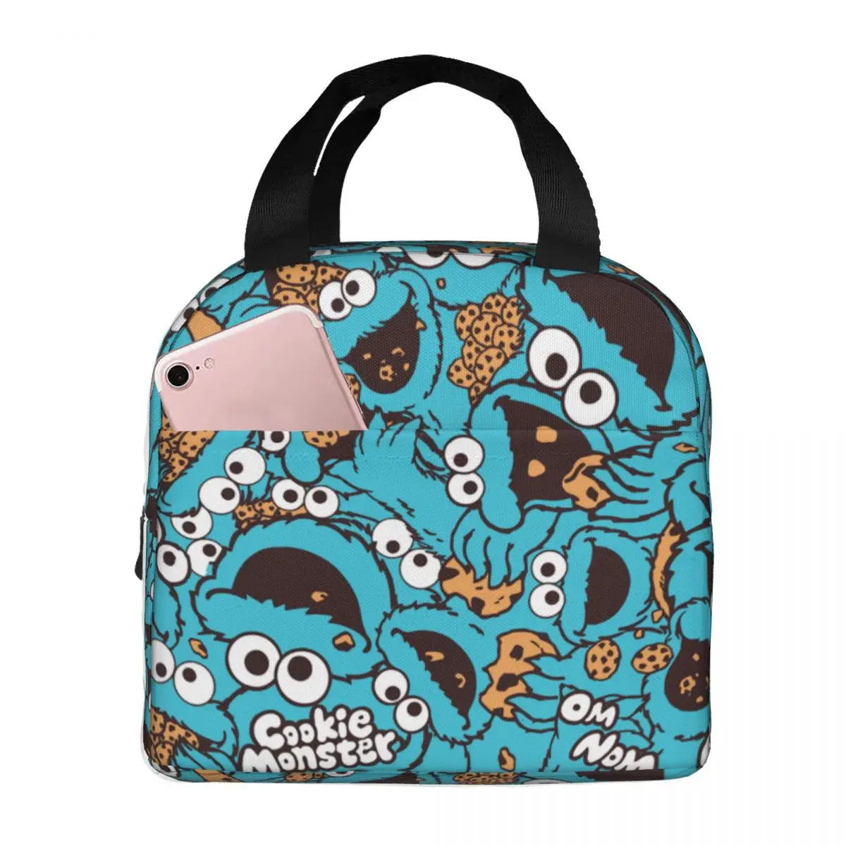 

Lunch Bag for Women Kids Cookie Monster Nom Nom Nom Pattern Insulated Cooler Bag Portable Picnic School Oxford Tote Handbags