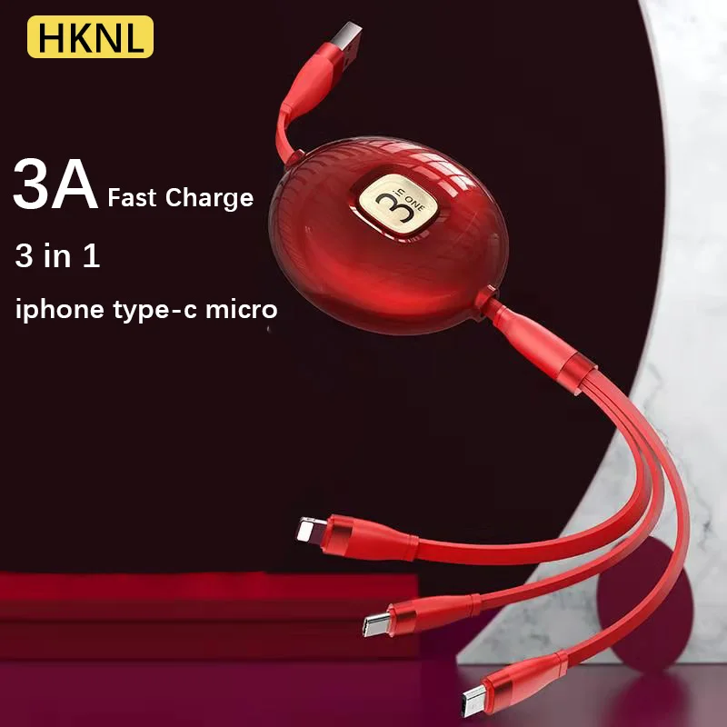 

Ft/1.2m Multi Retractable Fast Charger Cord 3A,3-in-1 USB Charging Cable for IP/Type-C/Micro-USB Compatible with Cell Phon