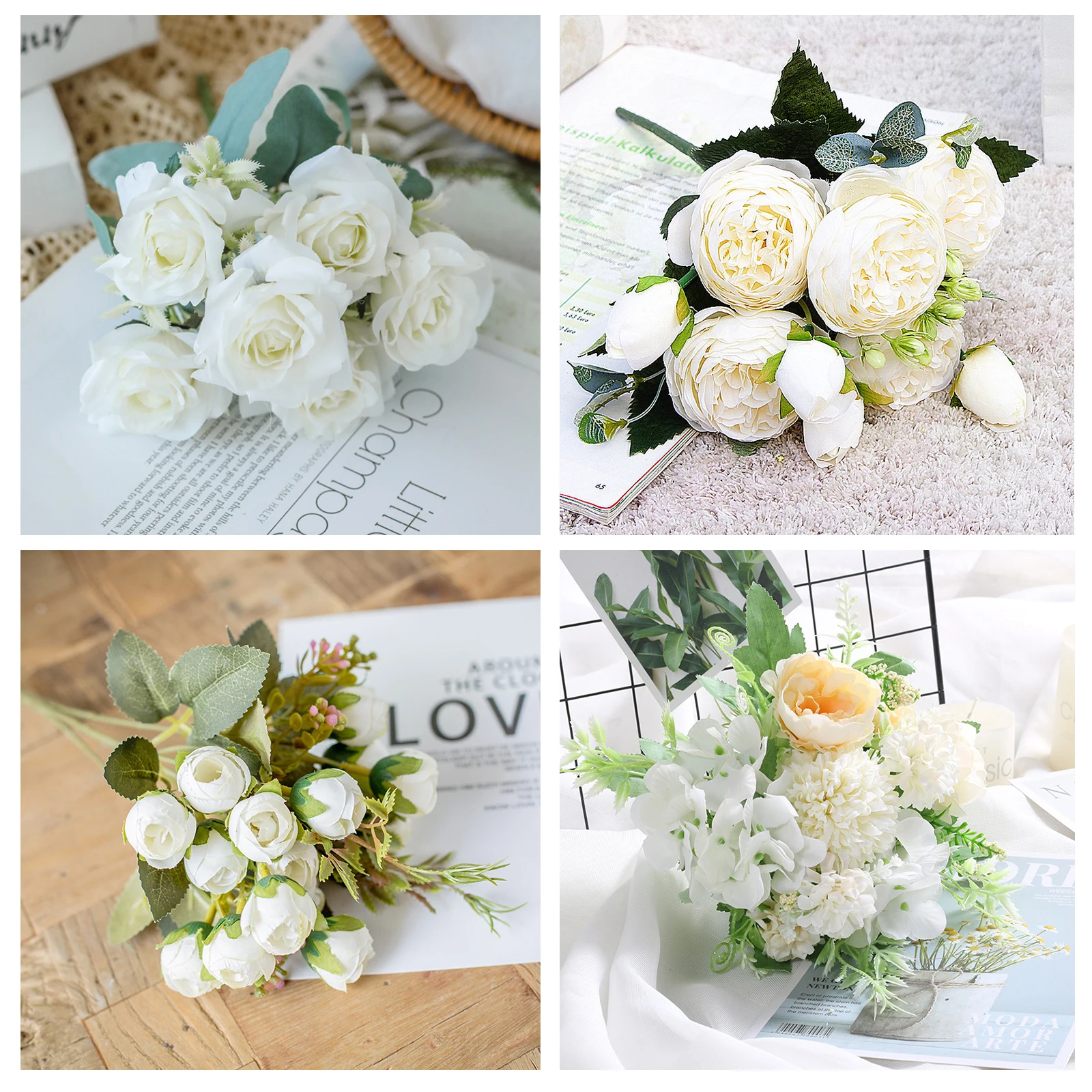 

1 Bouquet white Artificial Flowers Peony Tea Rose Autumn Silk Fake Flowers for DIY Living Room Home Garden Wedding Decoration