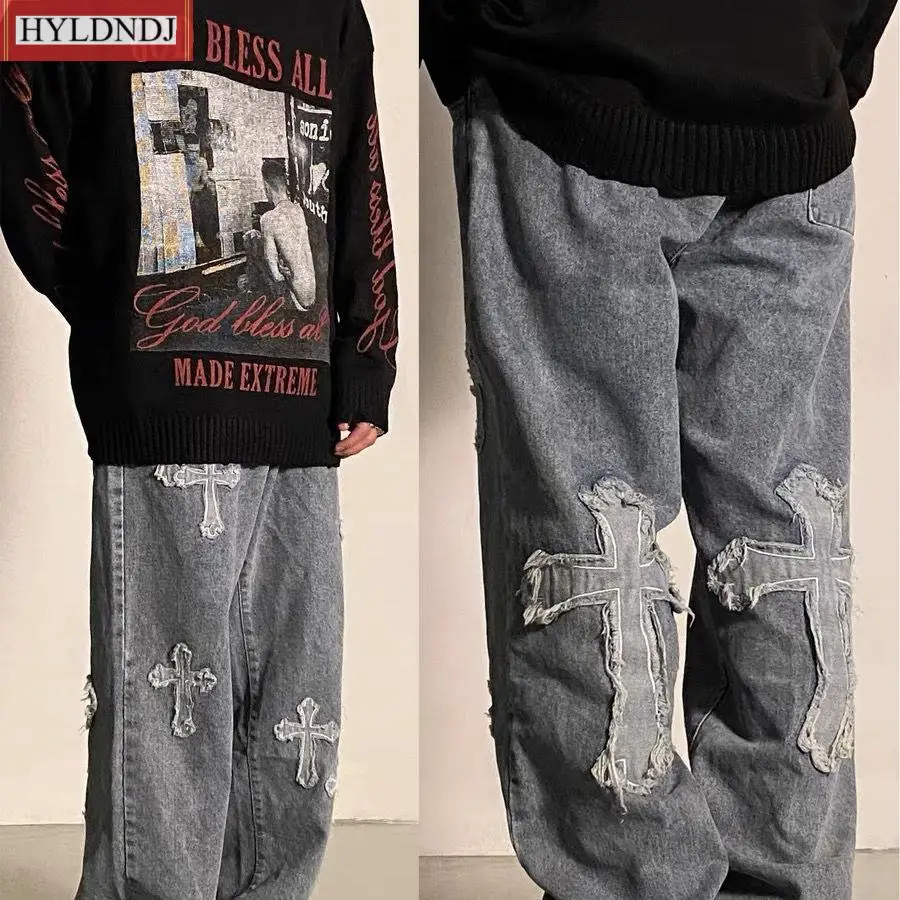 New Men's Jeans European and American High Street Cross Embroidery Hip-Hop Tide Brand Straight Loose Wide-Leg Pants Ins Hot Sale