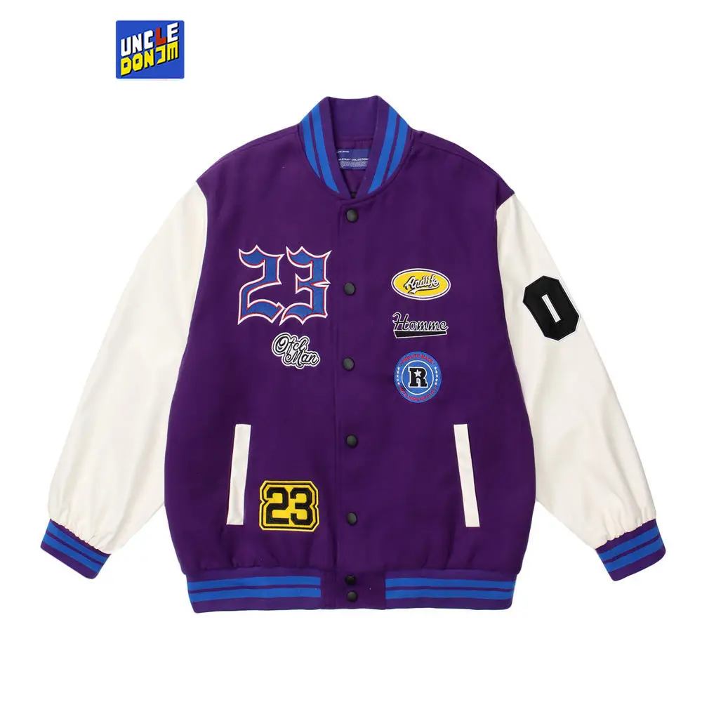 

UNCLEDONJM PU leather color block men baseball jacket Korean fashion punk style oversized winter jacket varsity jacket