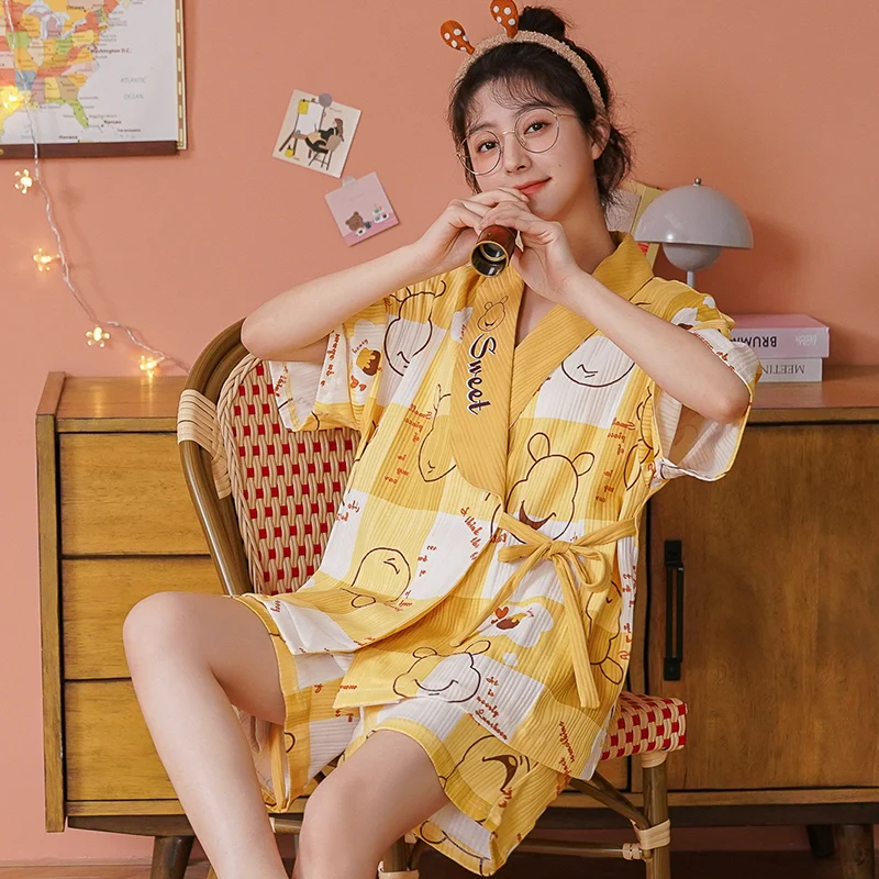 Summer Japanese Style Pajamas For Women Sleepwear Women Cotton Cute Girls Loose Pyjama Femme Home Wear Large Size Kimono Pijama