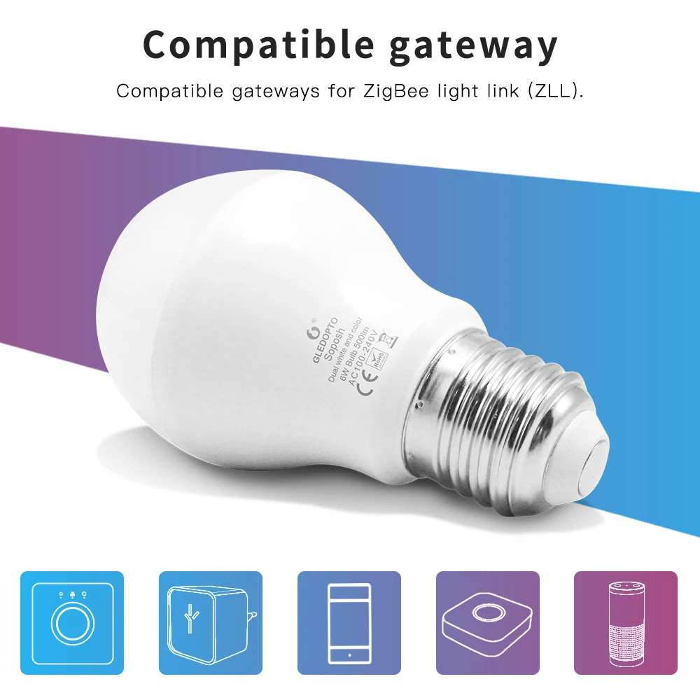 

6W Zigbee E26 E27 Smart RGB+CCT LED Bulb AC100-240V WW/CW Dimmable Light Dual White Color