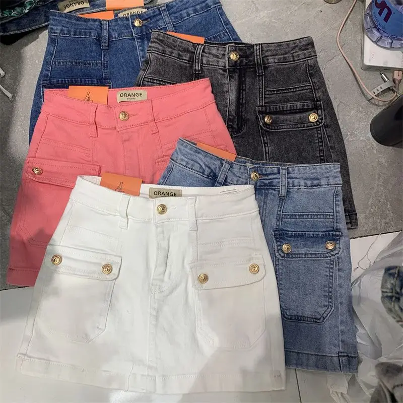 

Pink denim skirt women's summer new high waist bag hip short small hot girl word trendy jean skirt Casual Solid