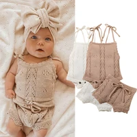 kids baby summer clothes for newborn baby boys girls solid lace up knitted backless rompersdrawstring shorts beach outfits sets