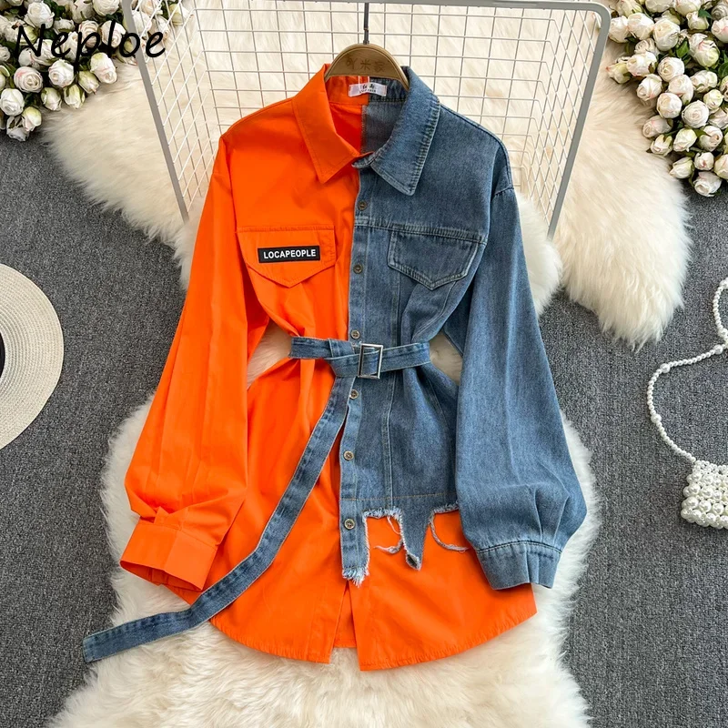 Винтажная Джинсовая блузка Neploe в гонконгском стиле с отложным воротником и