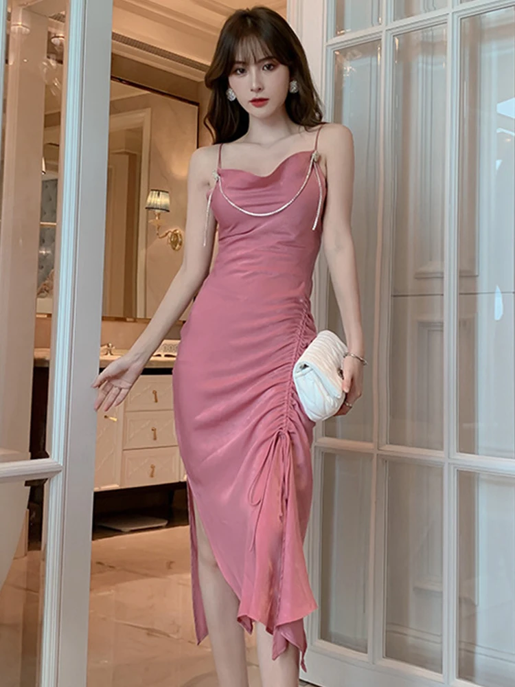 

Summer Maxi Dresses for Women Sexy Satin Thin Slip Strap Slit Shine Diamond Draw String Folds Lady Robe Party Prom Feast Vestido