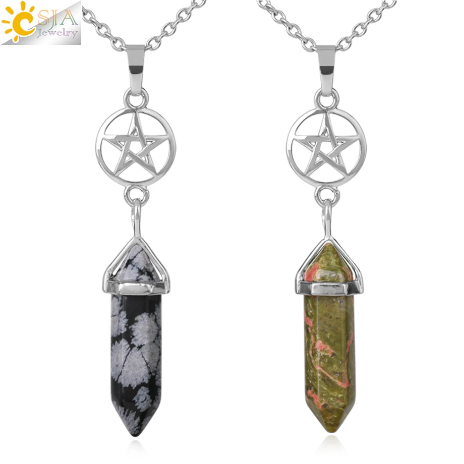 

CSJA Natural Stone Pendant Necklaces Crystal Hexagram Bullet Pendants Healing Pink Quartz Real Raw Gem Women Reiki Jewelry S967