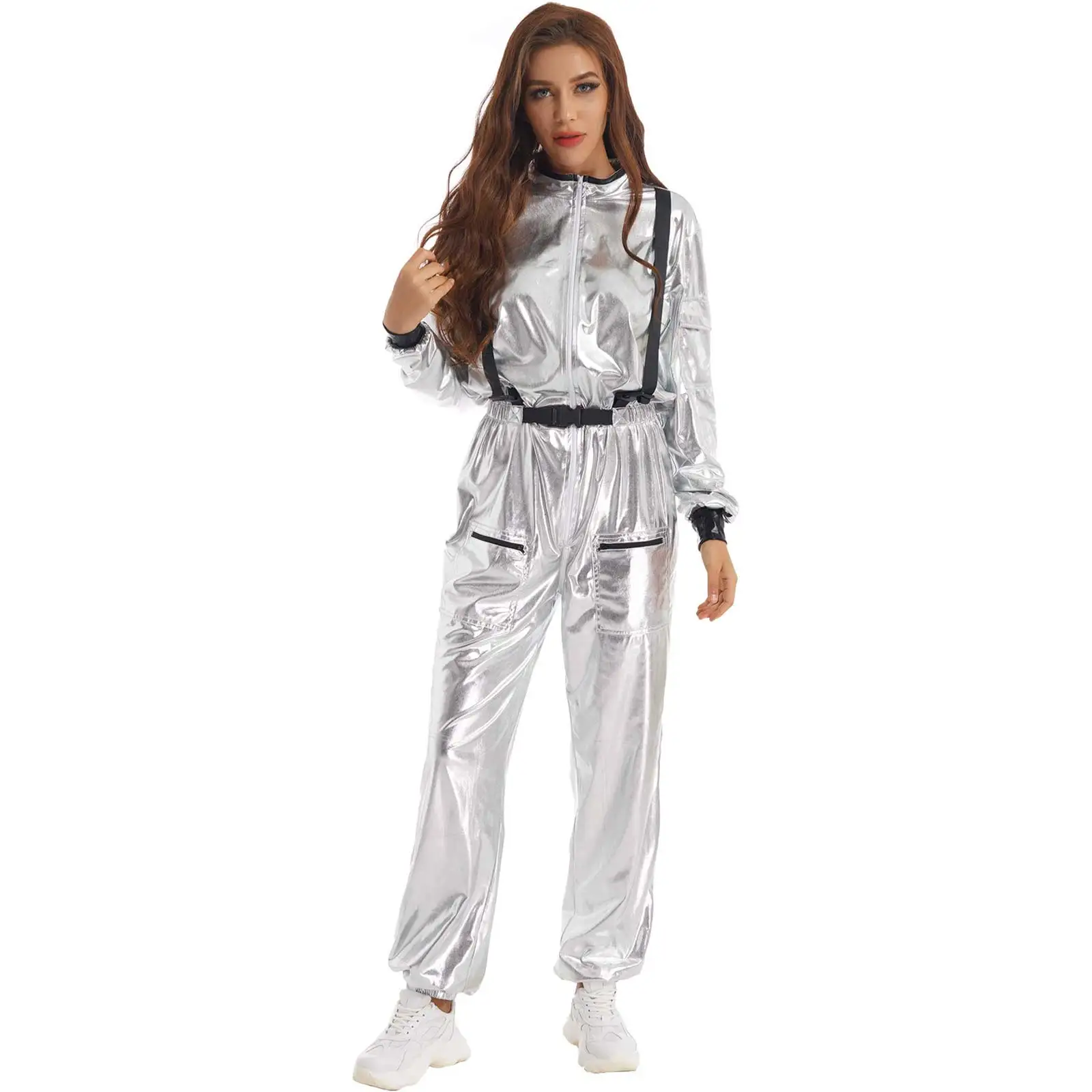 Mens Womens Astronaut Cosplay Masquerade Outfit Clubwear Costumes Metallic Shiny Mock Neck Long Sleeve Jumpsuits Zipper Bodysuit images - 6