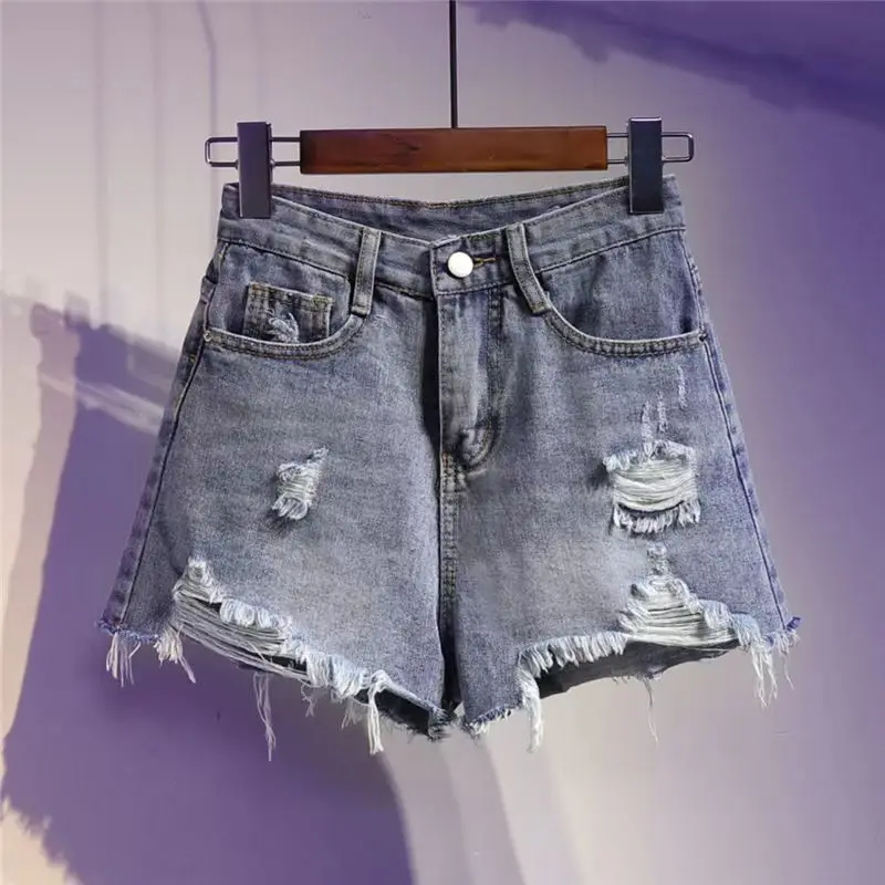 New Casual High Waist Denim Shorts Women Summer Pocket Tassel Hole Ripped Jeans Female Femme Short Pants N12