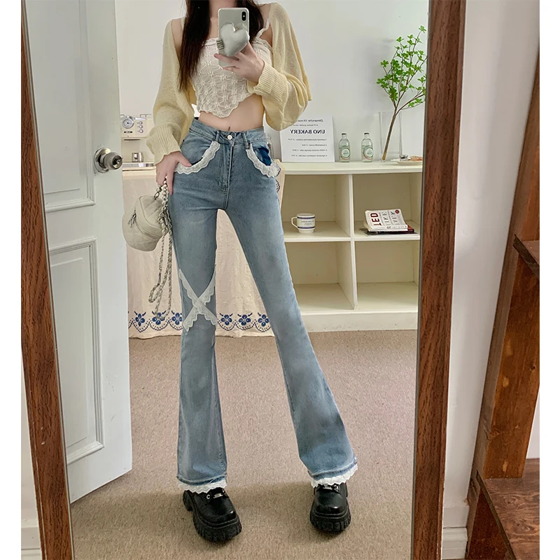 

Lace Jeans Flares Spring Autumn Women'S Baggy Jeans 2022 Trend Denim Pants Streetwear Female Clothing High Waist Vintage Trouser