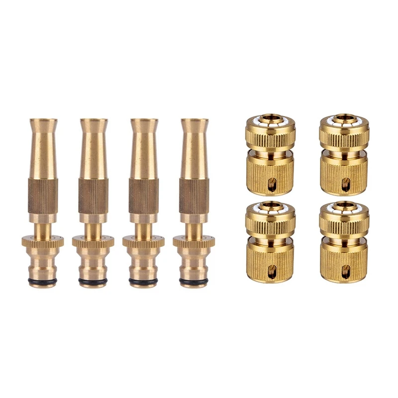 

4 Pcs Brass Adjustable Copper Straight Connector Spray Nozzle & 4 Pcs Brass Hose Connector Hose End Quick Connect
