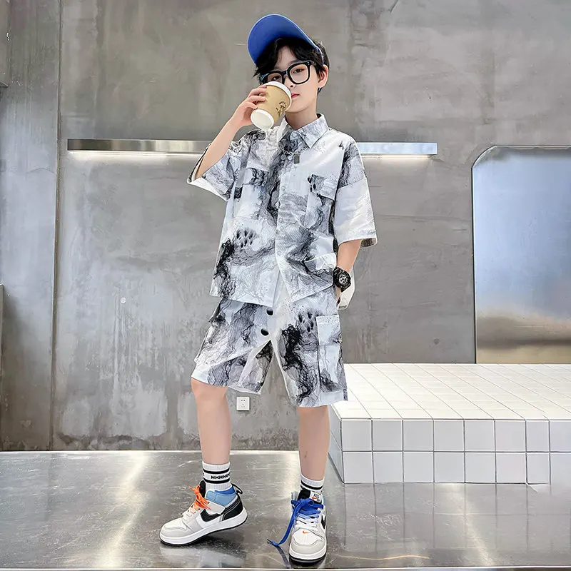 Kids Boys Clothing Sets Summer Fashion Print Shirts+Shorts Two Pieces Casual Outfits High Quality Baby Clothes 3 To 14Years Old