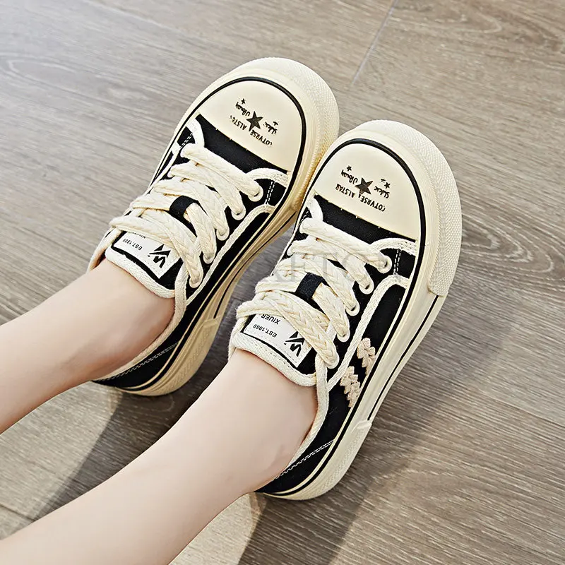 Thick Bottom Canvas Shoes Women's Sneakers Platform Flat Lace Up Casual Shoes Big Size Mixed Color Outside Runway Footwear Mujer