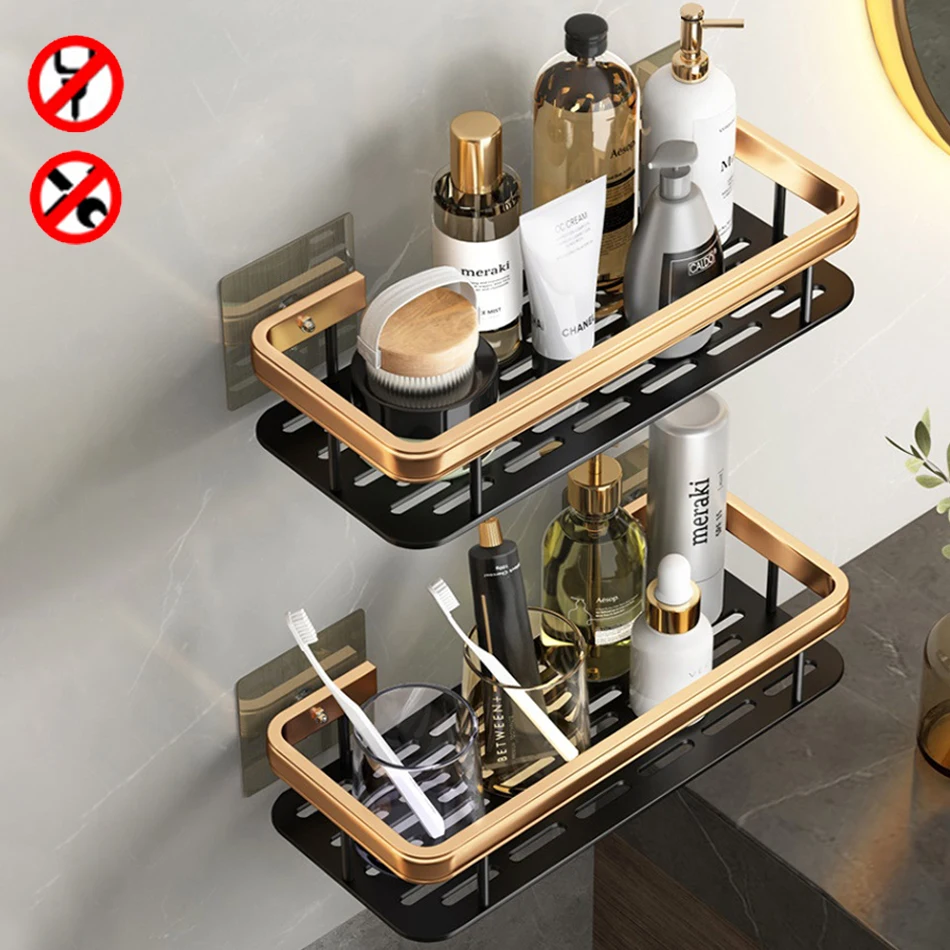 

Gold Black Bathroom Shelf Aluminum Rectangle Adhesive Kitchen Bathroom Soap Shampoo Holder Storage Organizer Rack Punch-free